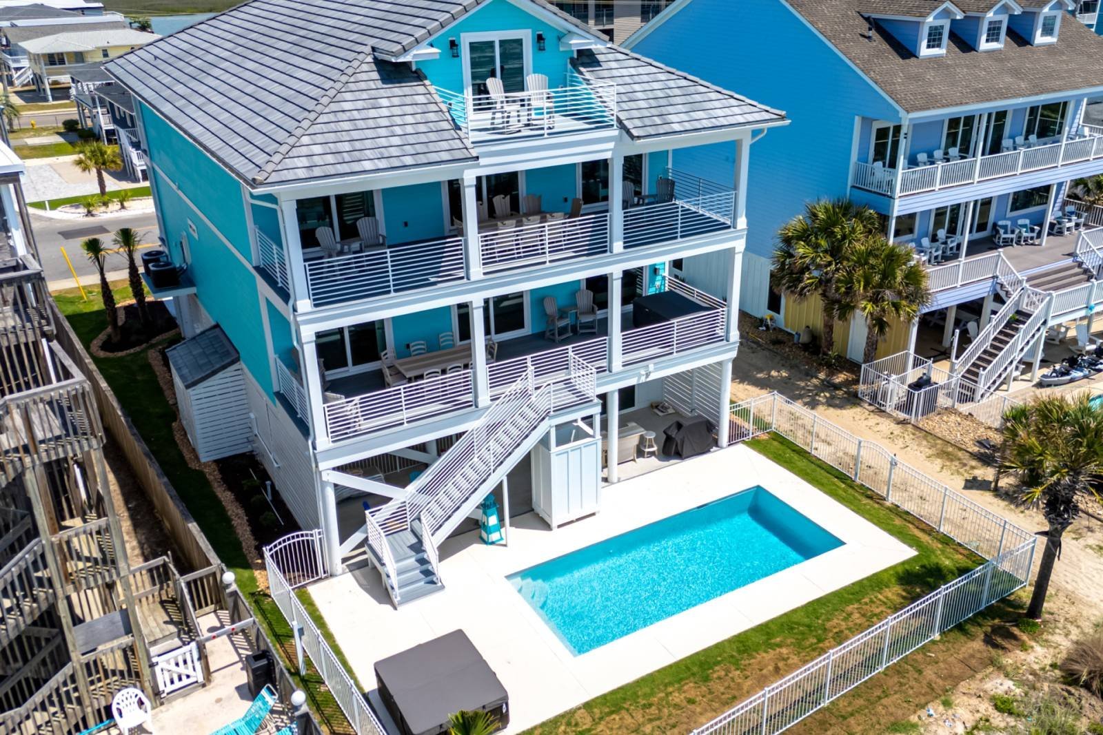 Rear aerial view with the private pool