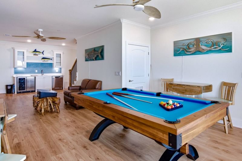 The rec room — pool table and wet bar